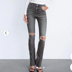 Zara High-Rise Straight Leg Side Split Hem Washed Gray Distressed Size 4